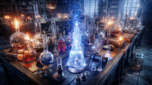 alchimie, laborator, poțiuni, magie, fantastic, știință, misterios, strălucitor, academie întunecată, vintage, vrăjitorie, laborator, sticlă, experiment, arcane