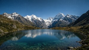 Tapet ultra-wide cu un lac de munte senin sub cerul înstelat al nopții.