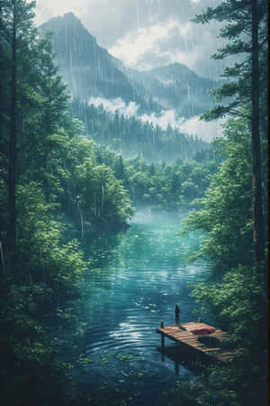 anime,lac,ploaie,pădure,verde,ceață,munti,debarcader,liniștit,melancolic,natură,peisaj,4K — iPhone 4 Fundal