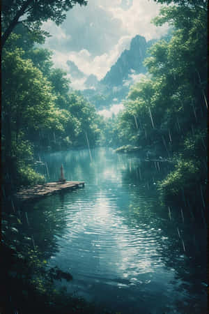 anime,lac,ploaie,pădure,verde,ceață,munti,debarcader,pașnic,melancolic,natură,peisaj,4K — iPhone 4 Fundal
