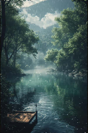 anime,lac,ploaie,pădure,verde,ceață,munti,debarcader,liniștit,melancolic,natură,peisaj,4K — iPhone 4 Fundal