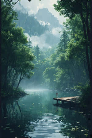 anime,lac,ploaie,pădure,verde,ceață,munti,debarcader,liniștit,melancolic,natură,peisaj,4K — iPhone 4 Fundal