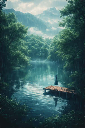 anime,lac,ploaie,pădure,verde,ceață,munti,debarcader,liniștit,melancolic,natură,peisaj,4K — iPhone 4 Fundal