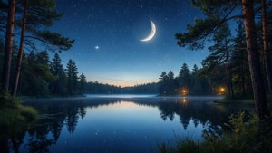 Un wallpaper artistic estetic liniștit, cu un lac nocturn înstelat și reflexia lunii. — Estetică artă GIF Fundal
