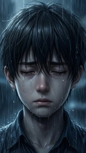 Un prim-plan al unui băiat anime plângând în ploaie. — Anime trist GIF Fundal