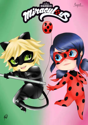 Fond de ecran cu Ladybug și Cat Noir sărutându-se în stil chibi — Gărgărița și cat noir sărut Fundal