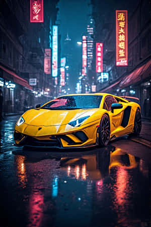 Lamborghini, galben neon, lumini de oraș, noapte, futurist, urban, străzi umede, reflexii, strălucitor, 4K, fundal portret, — 4K Fundal