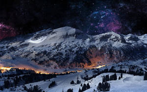 Tapet lanț de munte înzăpezdit sub cer galactic. — 1600x900 Fundal