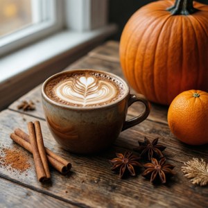 O scenă minimalistă de cafea de toamnă, cu condimente calde și lumină difuză.