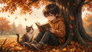 Copil anime citind o carte cu o pisică sub un copac toamna. — Anime copii Fundal