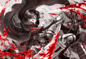 Căpitanul de echipă Levi Ackerman într-un wallpaper fan art stropit cu sânge din Atacul Titanilor.