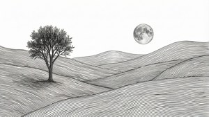 Tapet ultra-wide minimalist în linii artistice, cu dealuri și lună. — 5120x1440 Fundal
