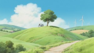 O scenă anime pașnică de la țară, cu dealuri și un singur copac. — Peisaj anime GIF Fundal