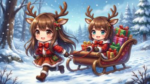 Fete anime chibi în rol de reni trăgând sania cu cadouri