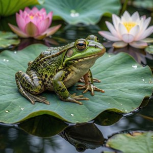 Un brosă-therian odihnindu-se pe o frunză de lotus într-un iaz liniștit. — Pixel Watch 5 Fundal