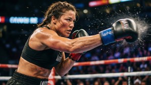 Imagine de acțiune cu Ronda Rousey executând un punch puternic în ring. imagine de fundal