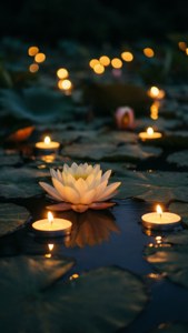 Un iaz liniștit cu lotus și lumânări plutind noaptea, reflexii calde aurii.