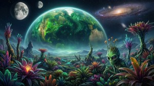 O planetă extraterestră cu vegetație verde și doi sateliți naturali, în format ultrawide. — 2560x1080 Fundal
