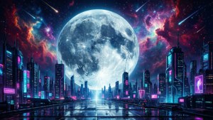 O lună strălucitoare deasupra unui oraș cyberpunk cu un cer galactic vibrant.