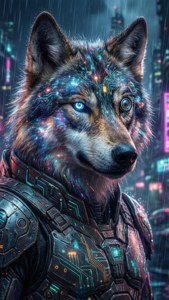 Un lup galactic cibernetic cu circuite luminescente pândește prin orașul neon cyberpunk. — iPhone Se Fundal