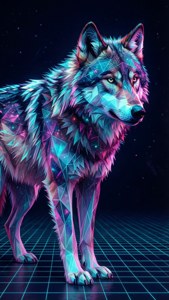 Un lup galactic low-poly cu modele neon geometrice stă pe un grid synthwave. — iPhone 6 Fundal