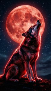 Wallpaper mistic cu silueta unui lup neon roșu urlând la luna roșie. — iPhone 8 Plus Fundal