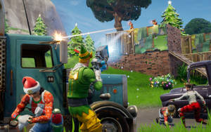 Un fundal Battle Royale în sezonul de Crăciun din jocul Fortnite.
