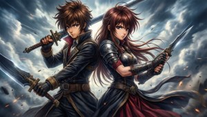 Cuplu anime în poziție de luptă, spate în spate — Anime cuplu GIF Fundal