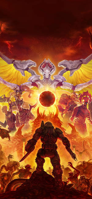 Fond de ecran cu artă Doom Eternal, înfățișându-l pe Doom Slayer confruntându-se cu Khan Maykr și minionii săi.