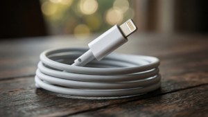 Apropiat de cablul de încărcare iPhone bobinați pe lemn cu bokeh — Detaliat Fundal
