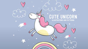 Ilustrații și modele haioase cu unicorni roz, curcubeie, nori, inimi și stele.