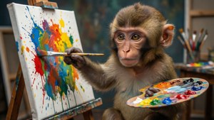 O maimuță drăguță artist care pictează pe o pânză cu o paletă. — Maimuță drăguță Fundal