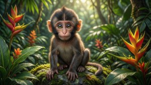 Maimuță bebeluș adorabilă stând pe o piatră acoperită cu mușchi într-o junglă tropicală cu lumină solară blândă — Maimuță drăguță Fundal