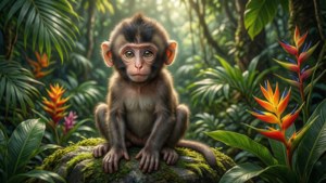 Maimuță bebeluș adorabilă stând pe o piatră acoperită cu mușchi într-o junglă tropicală, cu lumină solară blândă — Maimuță drăguță Fundal