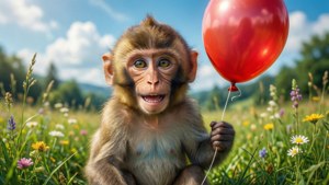O maimuță drăguță ținând un balon roșu într-o pajiște însorită și luminoasă. — Maimuță drăguță Fundal