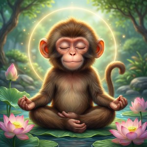 Maimuță drăguță meditând liniștită într-o grădină zen cu flori de lotus — Maimuță drăguță Fundal