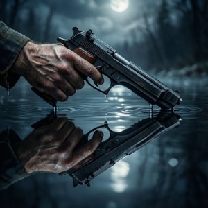 Reflexie simetrică a unei mâini care ține un pistol în apă. — Tecno Phantom Fundal