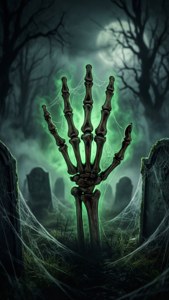 Mână de schelet ieșind dintr-un mormânt cețos, cu o strălucire verde — Atmosferă de Halloween Fundal