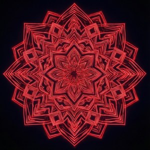 Mandala geometrică intricată în roșu neon pe fundal negru, design trippy și meditativ. — Neon roșu Fundal