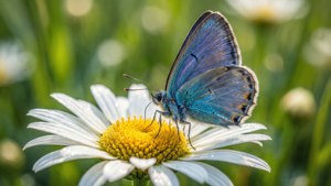 Macro fresh și simplu cu un fluture albastru pe o margherită albă, estetică curată. imagine de fundal
