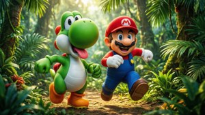 Mario și Yoshi aleargă veseli printr-o pădure tropicală însorită, plină de viață și culoare. — Mario Fundal