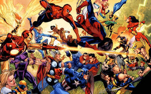 Supereroi Marvel într-un fundal de benzi desenate cu un răufăcător.
