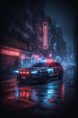 mașină de poliție futuristă, lumini neon, oraș întunecat, urban, graffiti, vitrine, noapte — Oraș întunecat Fundal