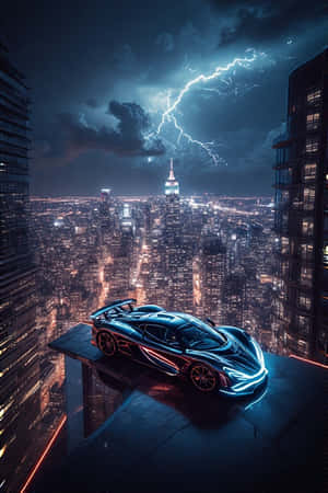 hypercar exotic, acoperiș, oraș neon, zgârie-nori, dramatic, fulger, noapte, futurist, 4K — Mașini cool Fundal