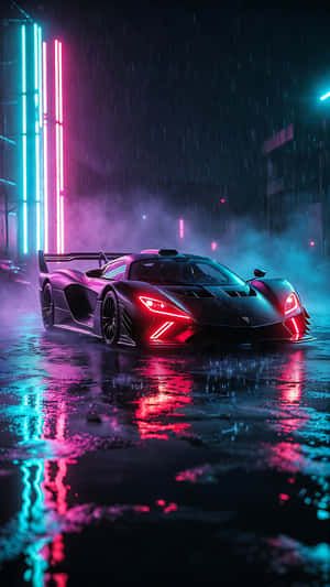 hypercar, supercar, uși, fum, mov, cyan, neon, lumini, cer, furtună, nori, futurist, concept, lux, exclusiv, design, auto, tehnologie, reflexie, umed