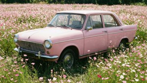 O mașină vintage roz deschis într-un câmp de flori, îmbinând retro și natură. — Roz deschis estetic Fundal