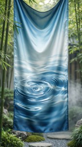 Stendă liniștită cu ripple de apă în alb și albastru, din mătase, într-un peisaj de grădină zen. — iPhone 5 Fundal