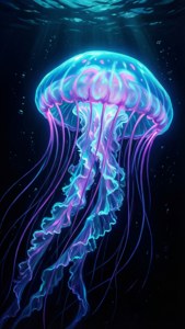 Meduze luminescente în nuanțe de cyan neon și violet în ocean negru amoled
