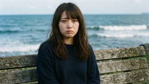 Rikako singură pe plajă, tristă — Valuri oceanice Fundal