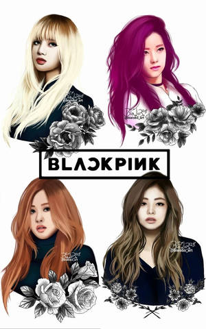 Portrete ale membrelor Blackpink cu flori alb-negru artă a fanilor fundal